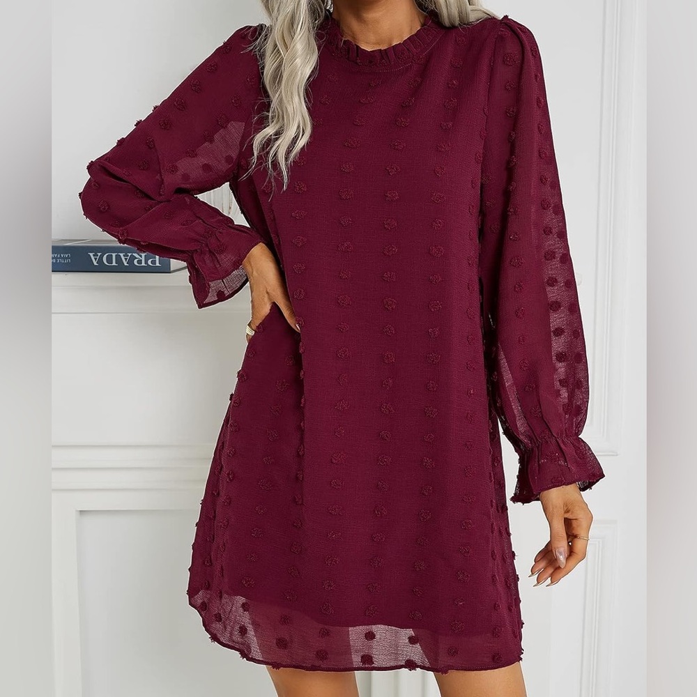 Red Sheath Dress with Bishop Sleeves and Mock Neck